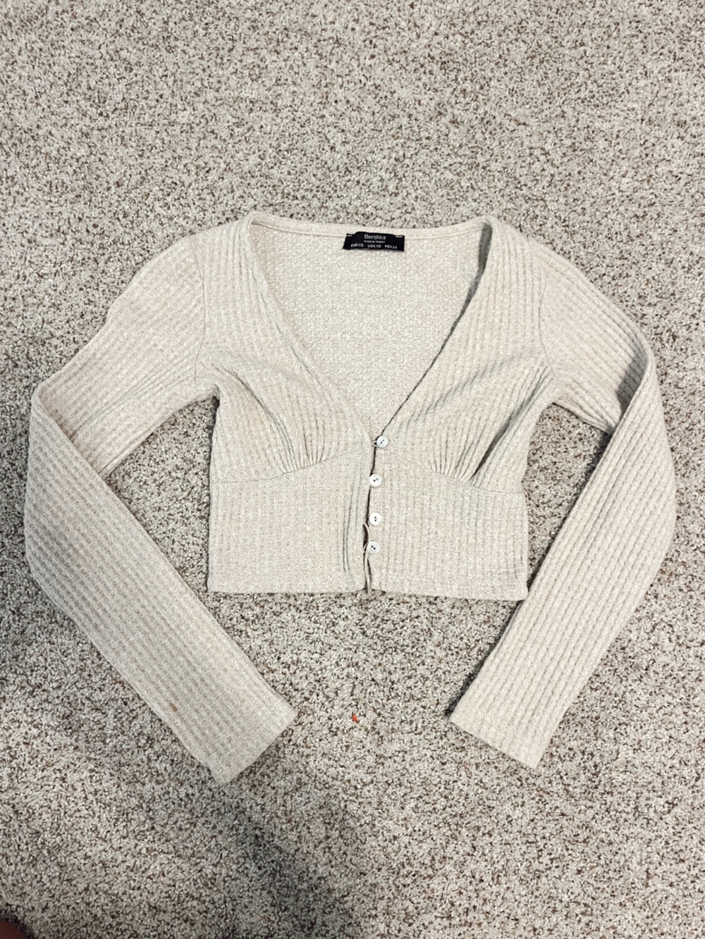 Bershka Cropped Cream Ribbed Button-Down Cardigan